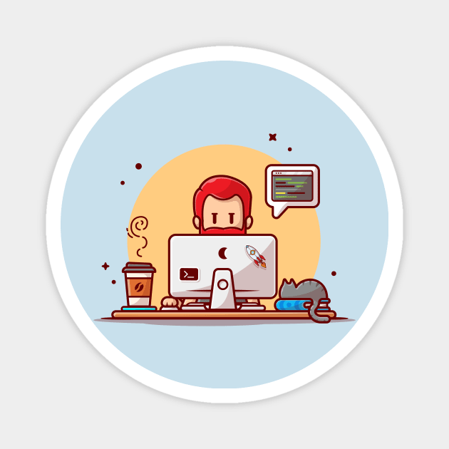 Man Working On Computer With Cat Cartoon Vector Icon Illustration Magnet by Catalyst Labs